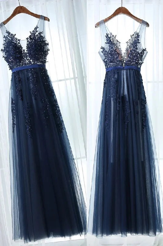 Women's Clothing For Everyday Wear Soft Textures Dark Blue A Line Tulle Prom Dresses with V Back Floor Length Sleeveless Dresses with Appliques N2674