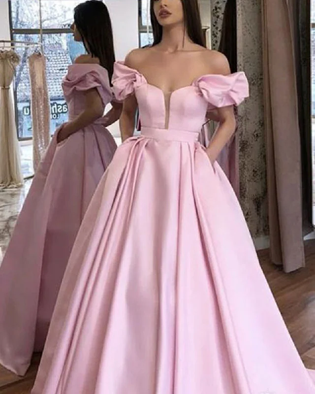 Women's Contemporary Clothing Contemporary Chic Satin Pocketed Princess Pink Prom Formal Dress Puffy Sleeves Evening Party Dress Long PL09063