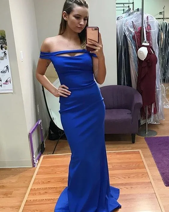 Formal Clothing For Women Feminine Grace Long Off the Shoulder Royal Blue Cutout Satin Mermaid Prom Dress    cg12482