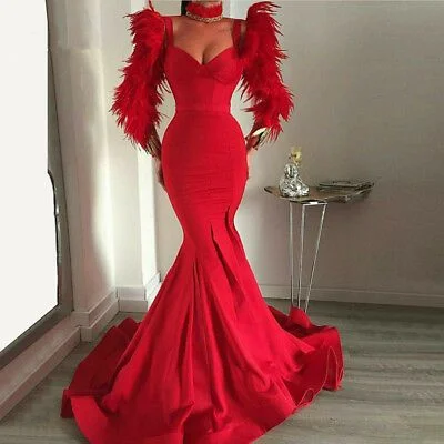 Women's Urban Clothing Flowy Fabric Red Fur Satin Mermaid Long Sleeve Evening Party Prom Dress Celebrity Formal Gown        cg23288