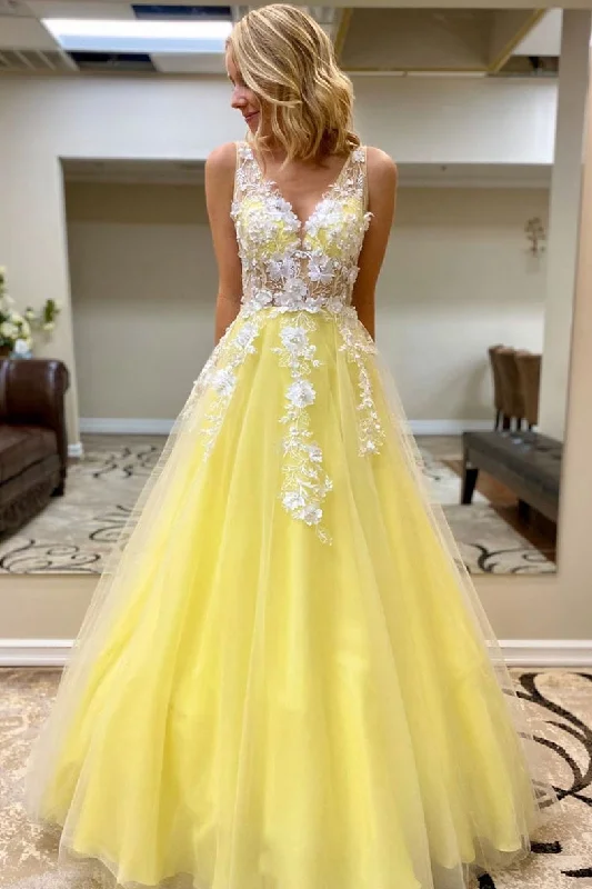 Affordable Women's Clothing Urban Sophistication A Line Yellow Sleeveless Lace Appliqued Princess Prom Dresses