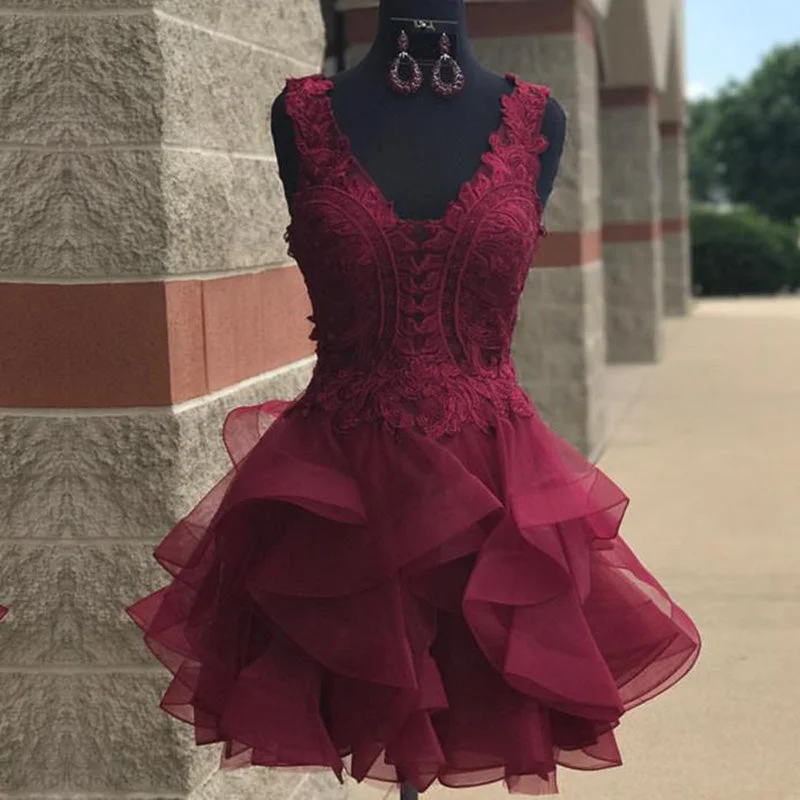 Women's Wardrobe Apparel Sophisticated Cut Sweet Lace Poofy Short Junior Prom Dress Burgundy Homecoming Graduation Gown