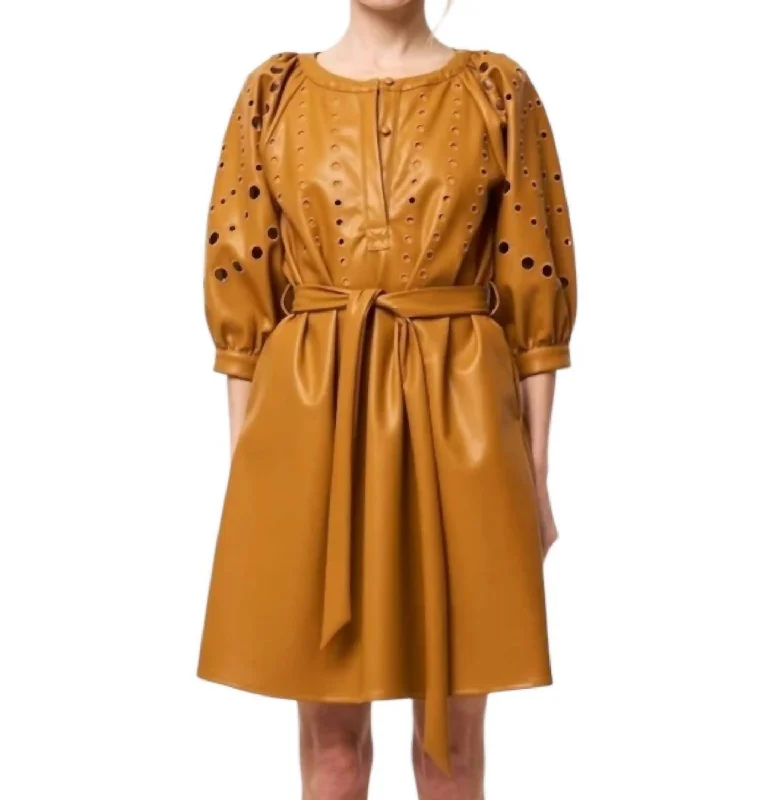 Sustainable Women's Apparel Holiday Sale Kinna Embroidered Faux Leather Shirt Dress In Tan