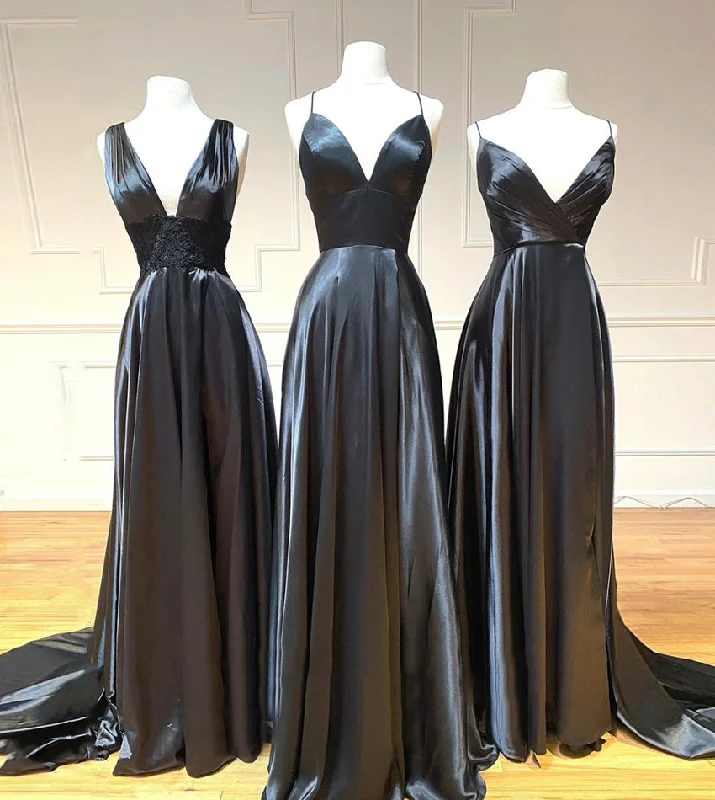 Elegant Clothing For Women Feminine Allure BLACK SATIN LONG PROM DRESS BLACK EVENING DRESS    cg13963