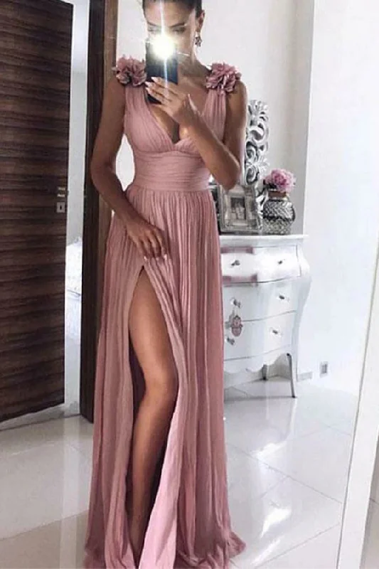 Affordable Women's Clothing Feminine Grace Floor Length Split V-Neck Sleeveless Prom Dresses with Flowers A Line Formal Dresses N2562