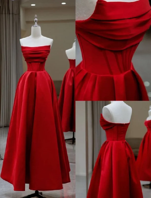 Women's Vacation Outfit Luxe Layering A line Strapless Red Satin Sleeveless Long Prom Dress C1218