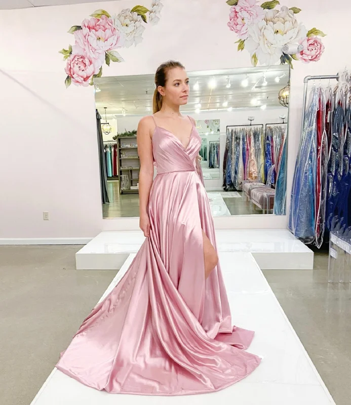 Women's Casual Wear Outfit Elevated Style PINK SATIN LONG V NECK PROM DRESS SIMPLE EVENING DRESS   cg16505