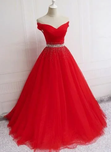 Women's Sporty Clothes Luxury Style Beautiful Red Tulle Off Shoulder Long Formal Gown Red Sweet 16 Dresses KS6650