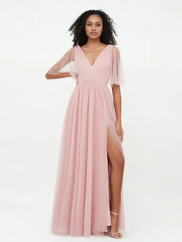 Women's Occasion Wear Clothing Mid - Season Sale A-line V-neck Tulle Max Dresses with Deep-V Back-Dusty Rose Bridesmaid Dresses