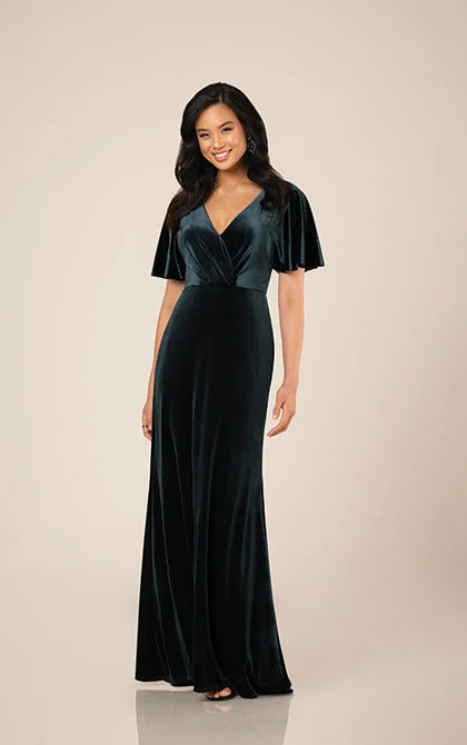 Women's Casual Attire Refined Look Luxe Velvet Bridesmaid Dress with Flutter Sleeves and Back Detail