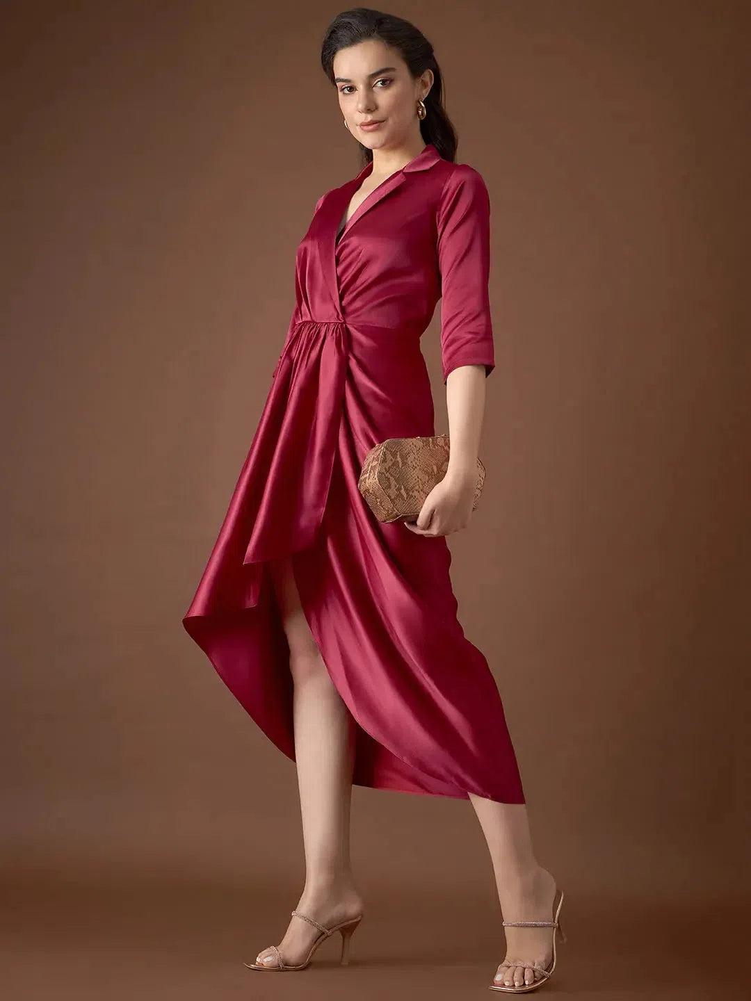 Women's Party Outfit Last Chance Sale Shirt Dress with front Drape in Maroon Color