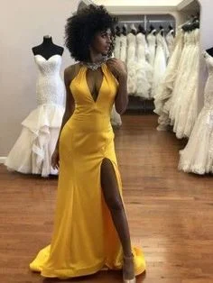 Luxury Women's Clothes Statement Piece Sexy Yellow Satin Beaded Halter V-neck Thigh-high Slit Floor Length Prom Dress  cg7251