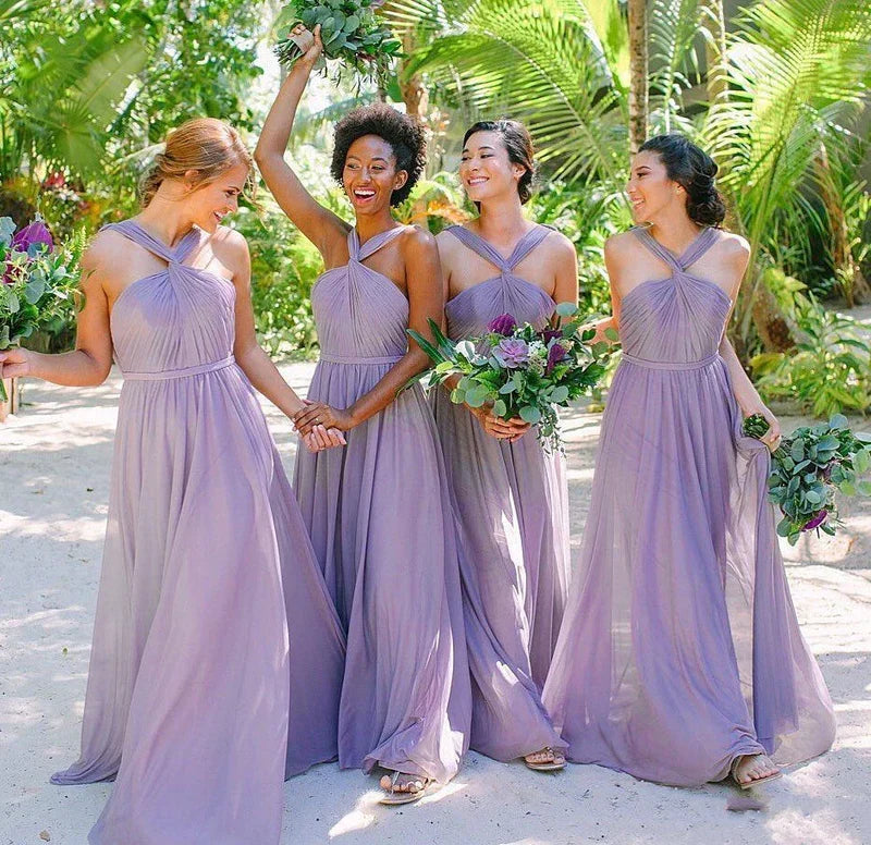 Women's Office Outfit Flowing Silhouette A Line Lavender Chiffon Pleats Long Bridesmaid Dresses