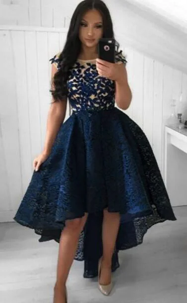 Timeless Women's Apparel Limited Quantities High Low front Lace Short Prom Gown Short Long Back Navy Blue Dress for Girl SP102231