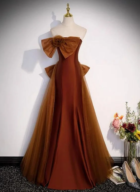 Sustainable Women's Apparel Chic Sophistication Brown Tulle and Satin Mermaid Long Party Dress, New Style Long Formal Dress Prom Dress      cg25058