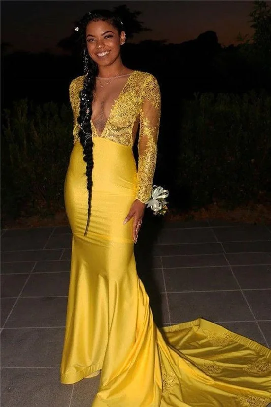 Sustainable Women's Clothing Contemporary Chic Long Sleeves Lace Sheath Elastic Satin Open Front Long Yellow Prom Dresses       cg22699