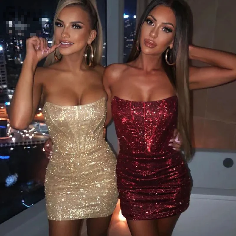 Elegant Clothing For Women Limited Quantities Night Club Party Woman Dress Sexy Bodycon Glitter Strapless Mini Short Prom Robe Summer Elegant Ruched Black Vestidos