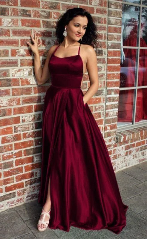 Women's Elegant Clothes Elegant Details burgundy prom dresses long satin split gown    cg14622