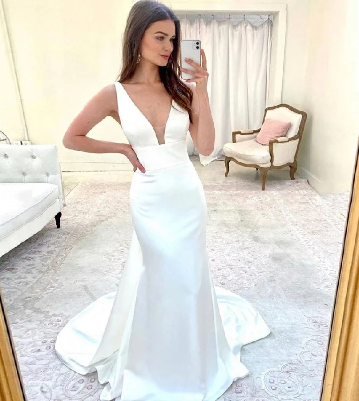 Women's Clothing For Holiday Travel Refined Look MERMAID SATIN LONG PROM DRESS WHITE EVENING DRESS   cg13814